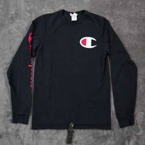 VTG Champion Shirt‎ Mens Small Black Script Big Logo Blue Bar Tag Slogan